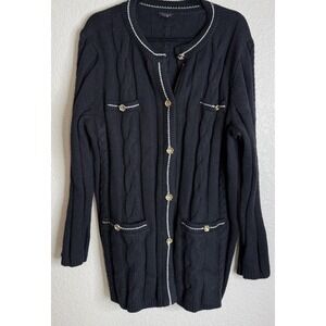 Talbots Womens XL‎ Black Button Front Cable Knit Cardigan Pockets Preppy Classic